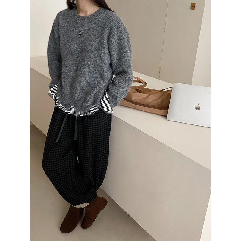 

Дизайнерский свитшот-пуловер с эффектом пэчворка, женский, новый, осенне-зимний, свободный, мягкий, восковой, универсальный трикотажный топ-свитер для женщин One size