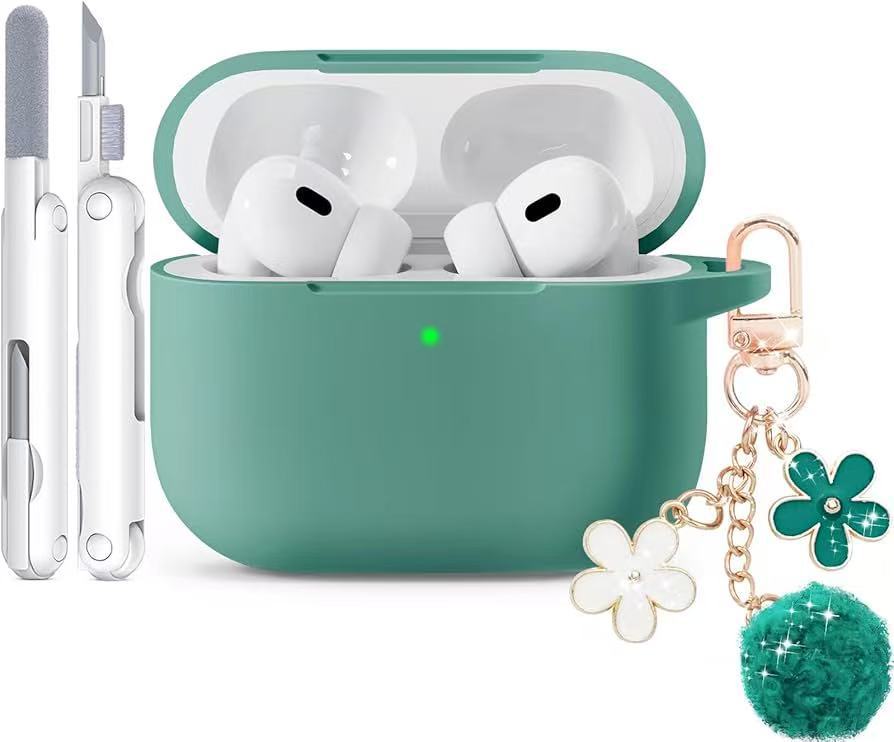 Silicone case for AirPodspro 4, comes with a shiny keychain and cleaning kit темно-зеленого