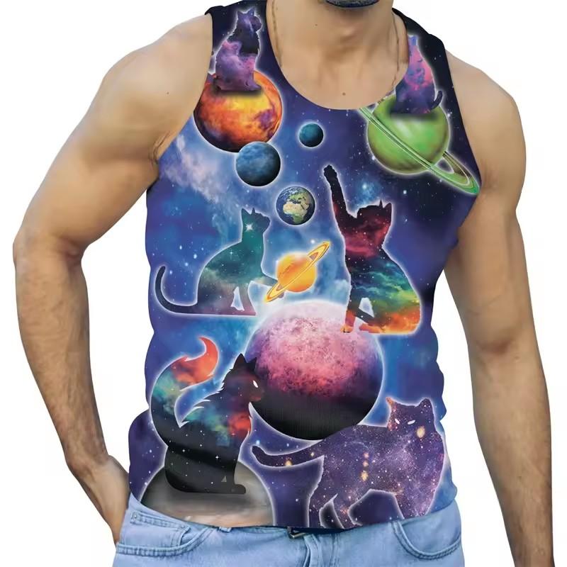 Funny Alien Cat 3D Print Tank Tops Men Clothing Cartoon Animal Letter Vest Cool Sleeveless Harajuku Streetwear Tops Tees