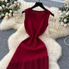 High-end Knitted Splicing Irregular Mesh Dress Women's Summer French Waist and Thin Temperament Sleeveless Long Dress