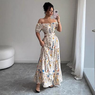 Dames Off Shoulder Pofmouwen Uitgesneden Taille Bloemendruk Maxi Jurk Rugstrik Elegante Feest Lange Zomerjurk
