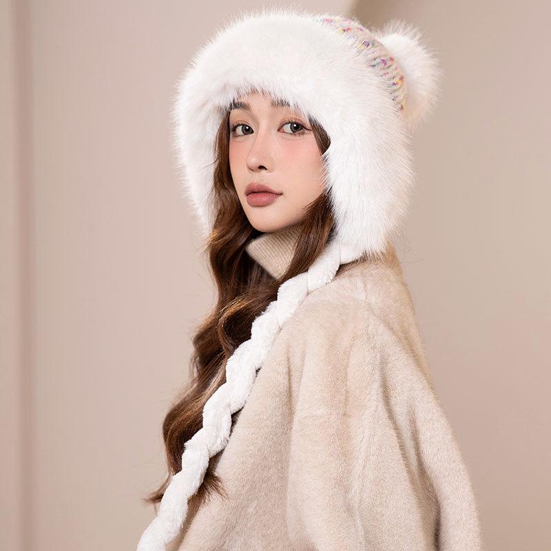 Rainbow Knitted Warm Hat Ladies Winter Plush Thick Plush Ear Protector Pullover Hat Ski Princess Hat Tide