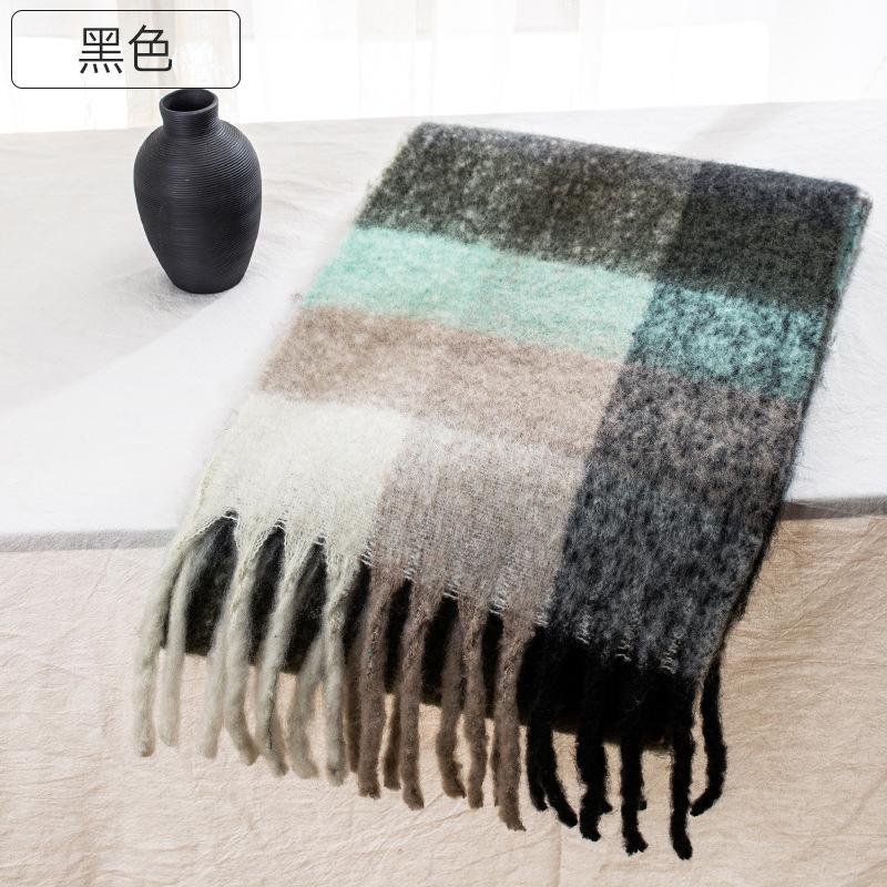 Autumn and winter European and American color matching AC imitation cashmere thick fringed scarf rainbow plaid mohair warm female student plus