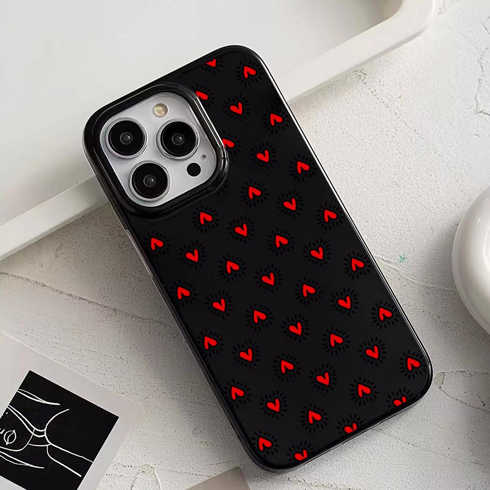 Black Red Heart Pattern Phone Case For iPhone 17 16 15 14 Plus 13 12 11 Pro MAX 17 Air Cute Love Art Protective Shell Cover
