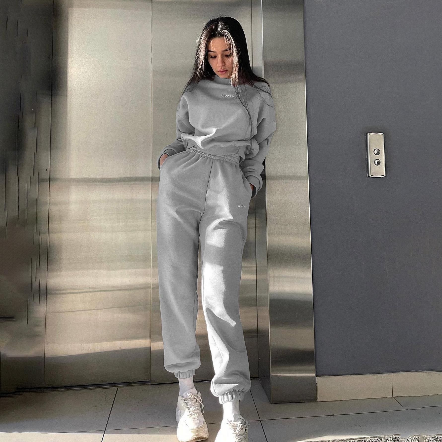 

Женский однотонный костюм с длинным рукавом и круглым вырезом, осенне-зимний свободный верх, широкие брюки XL серый