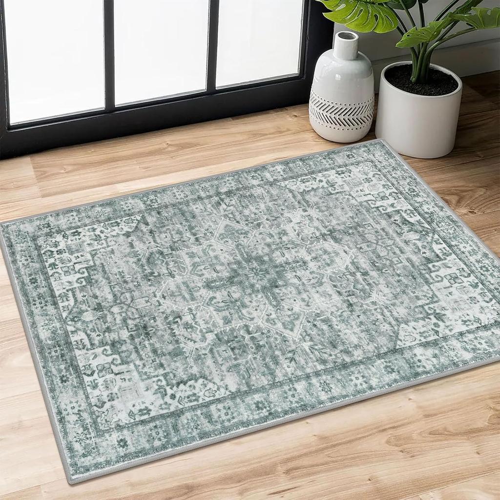 Green Non-Slip Washable Kitchen Runner, Vintage Boho Runners Printed Rug with Non-Shedding, Soft Medallion Floor Carpet for