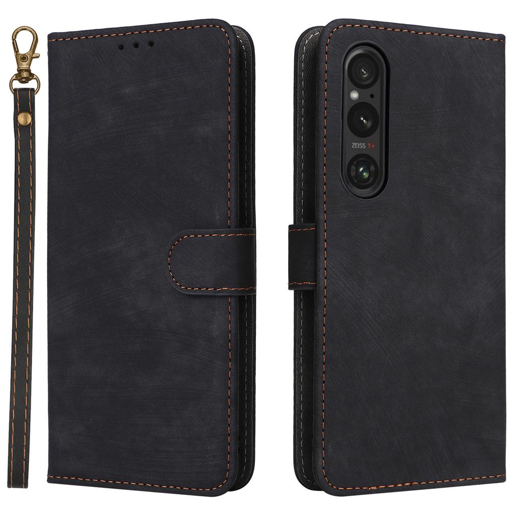 For Sony Xperia 1 VI Leather Case RFID Blocking Wallet Cover with Wrist Strap