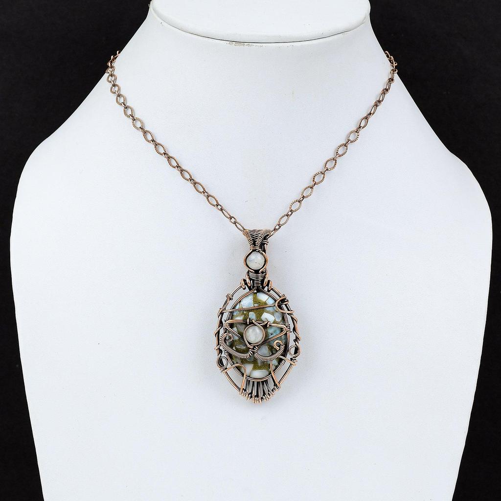 Böses Auge Kupfer Larimar Anhänger Kupferdraht umwickelter Edelsteinanhänger Handgefertigter Böses Auge Schmuck Zarter Regenbogenmondstein Anhänger Geschenk für Ihn