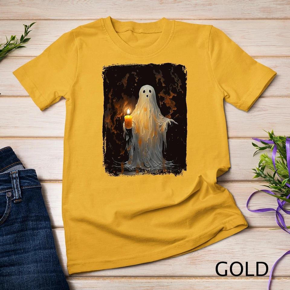 Cute Ghost Holding Candle Funny Halloween Gothic Vintage T-Shirt Unisex T-shirt 4 L