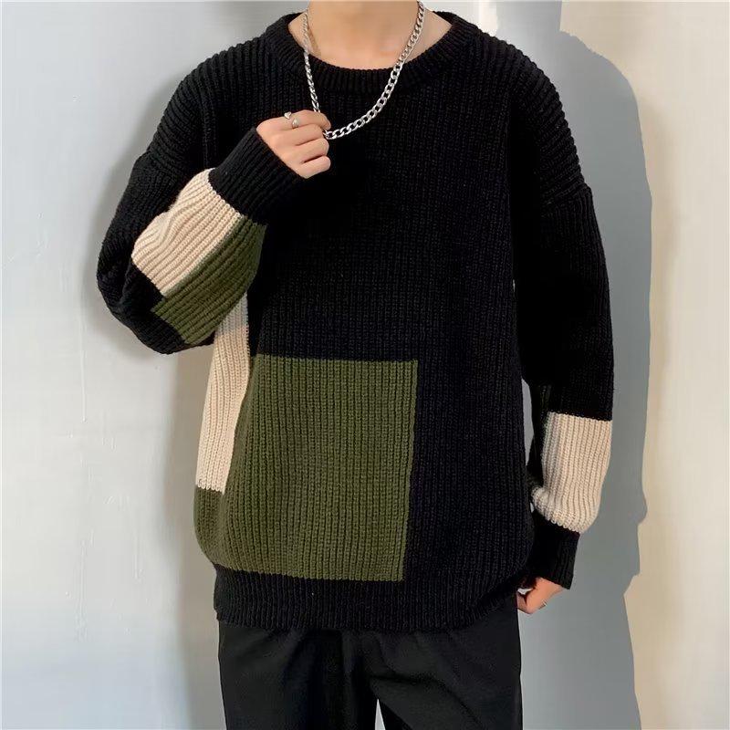 Men s Striped Patchwork Knit Pullover - Autumn/Winter Hong Kong Style Couples  Sweater 2XL чёрный