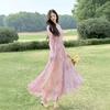 Peach pollen tea break dress lace dress French floral vacation pink long dress tulle slim fit vacation style