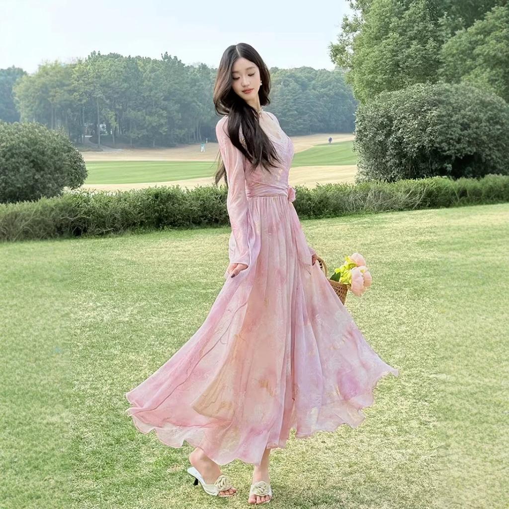 Peach pollen tea break dress lace dress French floral vacation pink long dress tulle slim fit vacation style