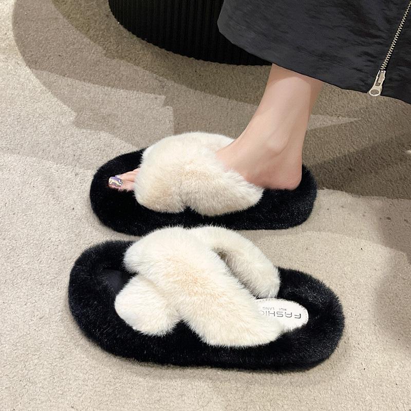 4Cm heel large size fluffy slippers women's 2025 winter new thickened warm non-slip Korean version indoor cotton slippers