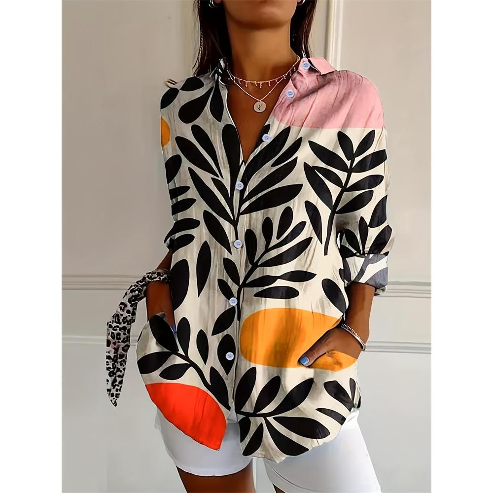 Camisa de mujer ajustada con botones, estilo casual, con estampado de flores de anacardo, ideal para uso diario. Camisa de solapa de talla grande.