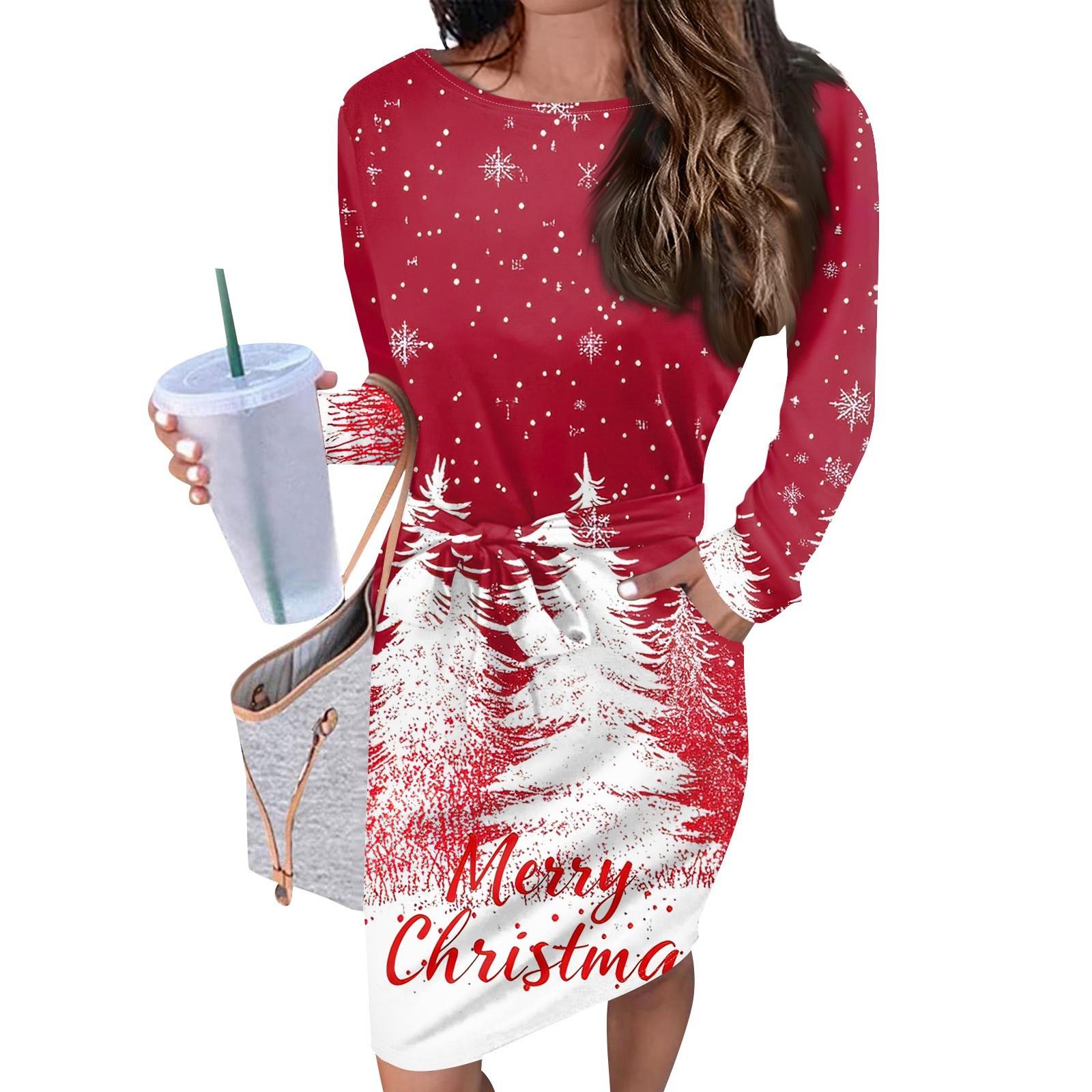 

Женское повседневное модное сексуальное платье с круглым вырезом и длинным рукавом в виде рождественской елки S красный