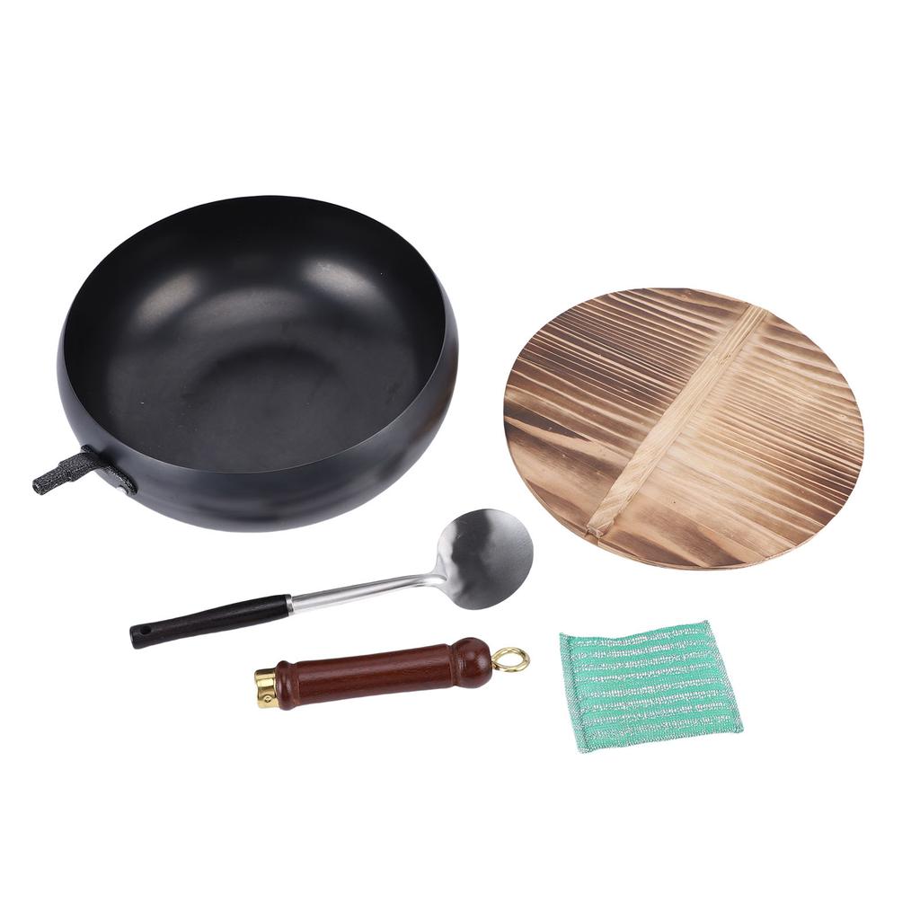 Stir Fry Pan Glossy 28cm Hand Hammered Anti Stick Wrought Iron Wok Pan with Spatula Wooden Handle for One Person Diet