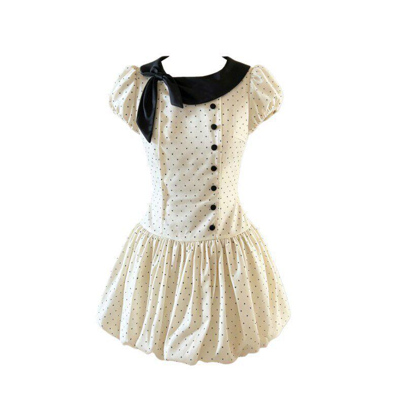Japanese Daughter Wind Polka Dot Dress Women's Summer Doll Collar Bubble Sleeve Waist Small Retro Short Skirt
