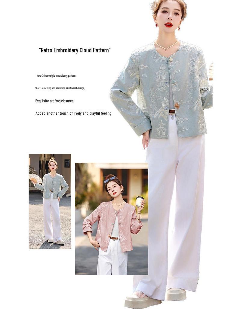 Spring 2025 Women's Embroidered Round Neck Jacket - High-End Chinese National Style, YE6351