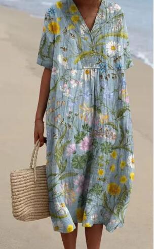 New Loose Casual Comfortable V-neck Digital Printing Pleated Large Version Dress