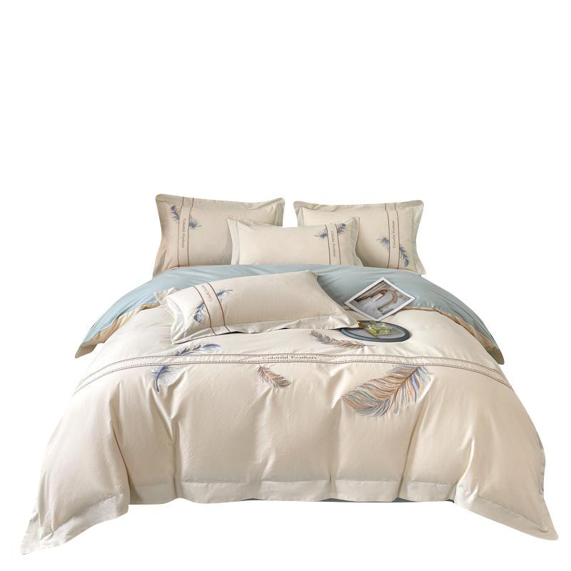 50 Cotton Polished Long-Staple Cotton Bed 4Pcs Set Feather Embroidery 100 Cotton Bed Sheet Quilt Cover
