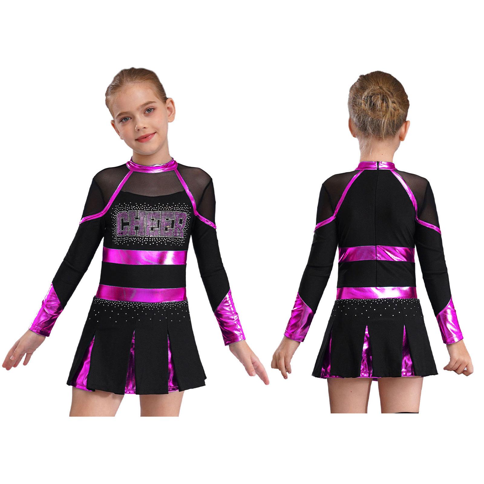 

Детское танцевальное платье Черлидинга для девочек с буквенным узором, блестящее плиссированное платье металлик с длинными рукавами 9-10 Years горячий розовый/чёрный