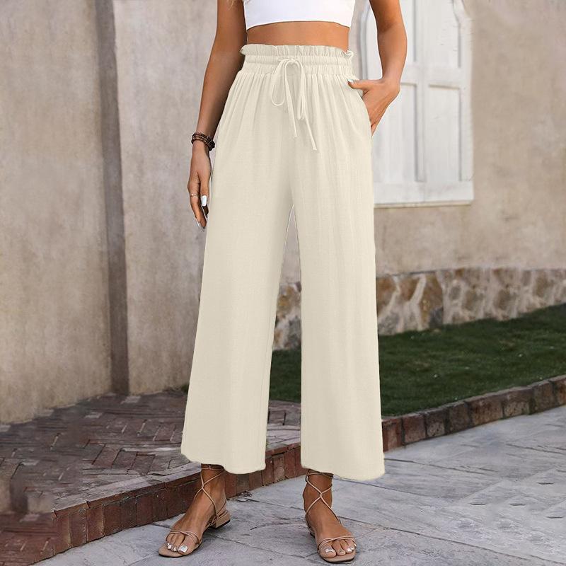 New Women's Solid Color Cotton Linen Wide Leg Pants, High Waist Elastic Drawstring Casual Trousers for Spring Summer