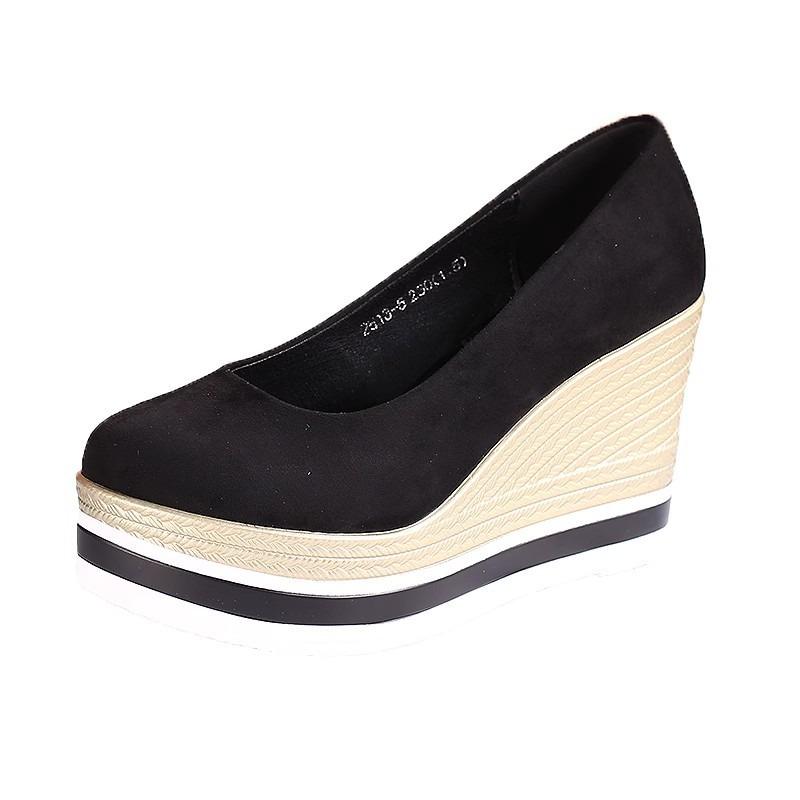 Damen Frühling und Sommer neue wasserdichte Plateau Keilabsatz Farbblock Wildleder leichte Mund Einzelne Schuhe