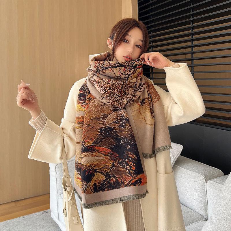 Autumn and Winter Gold Dyed Autumn Jacquard Scarf Women's High-end Imitation Cashmere Shawl Atmospheric Thickening Warm Scarf