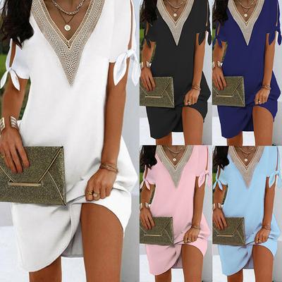 Women Dresses  Short Sleeved Slit Cuff Bow Boho V Neck Solid Color Neckline Elegant Lace Mid Dress