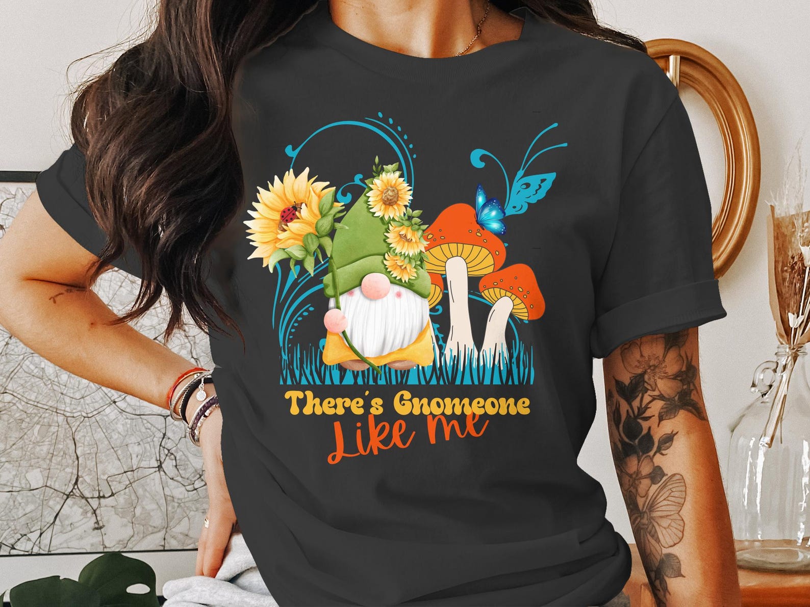 Cute Gnome T-Shirt, Garden Gnome with Sunflowers, Whimsical Gnome Art, Adorable Gnome Graphic, Unique Gnome Lover Gift Tee 4XL