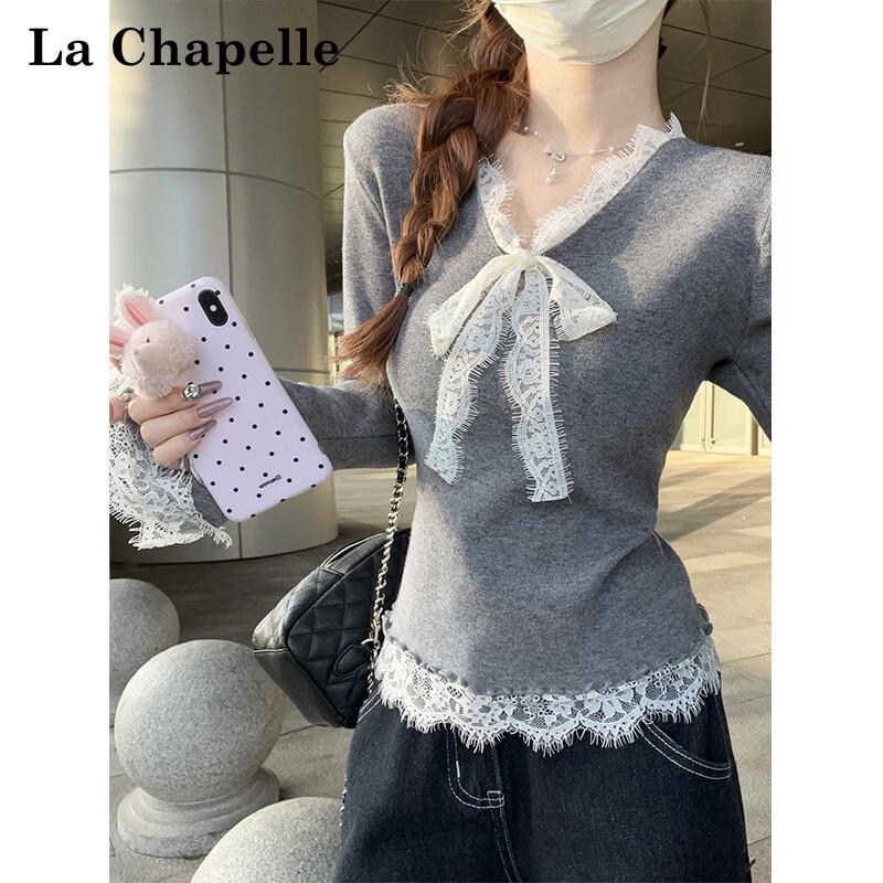 La Chapelle French V-Neck Lace Slim Knit Long-Sleeve Base Layer