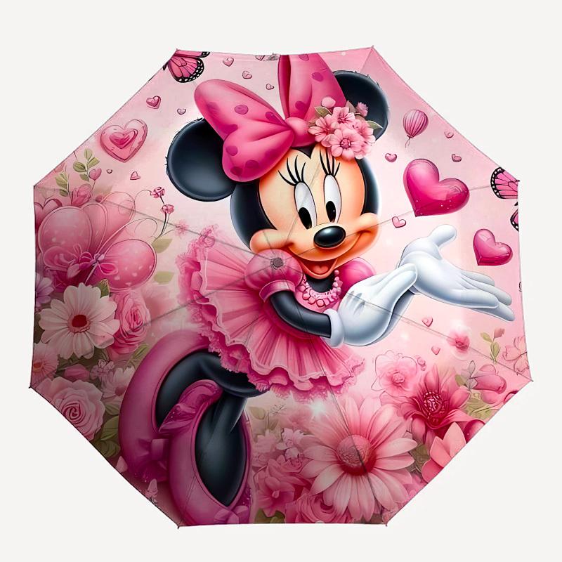 Minnie Mouse, Pink Floral Themed Automatic Opening and Closing Umbrella, Brightly Colored 8-rib Portable Umbrella, Suitable for Men and Wome