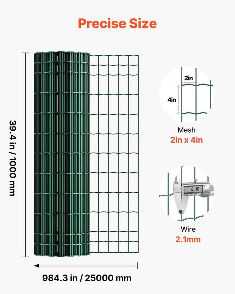 Farm Fence, 1 x 25 m, 2 x 4 in Mesh 2.1mm Galvanized Steel Wire Fencing for Cattle, Hog & Sheep, Heavy Duty Vinyl Coated Livestock Fence for Animal