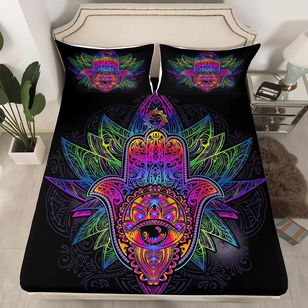 Hamsa Hand Bettbezug King Queen Boho Schwarz Gold Glückshand Fatima Bettwäsche Set Hippie Paisley Tribal Polyester Steppdeckenbezug