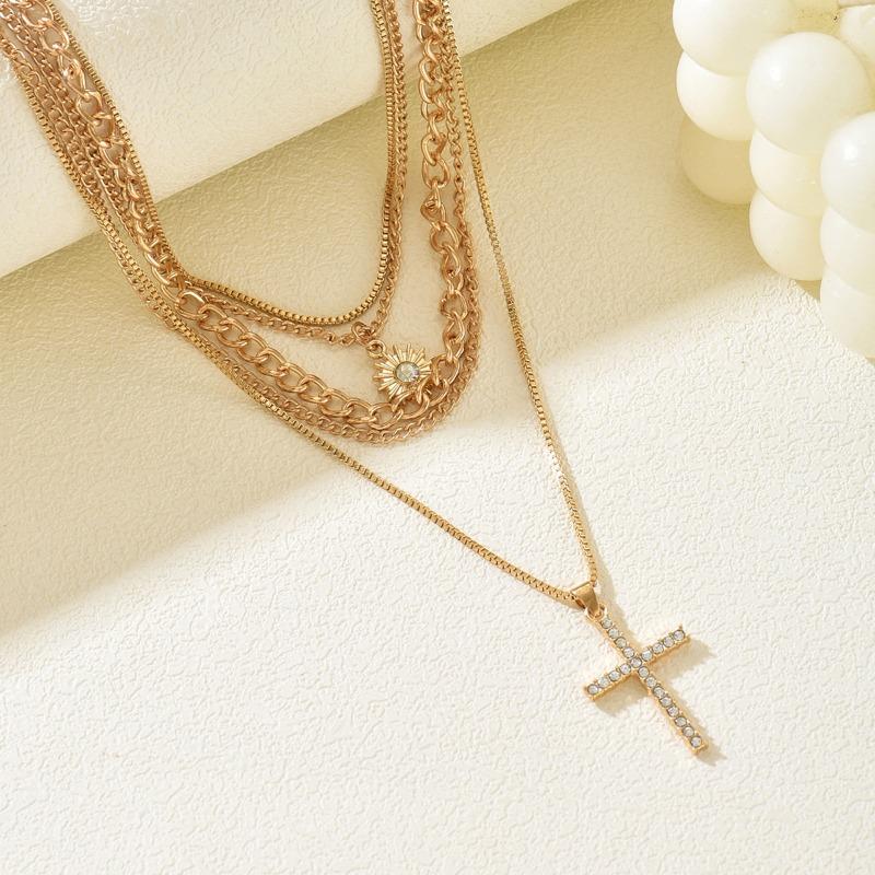 Diamond-encrusted cross necklace jewelry women's multi-layer stacked wearing personalized high-end sun collarbone chain