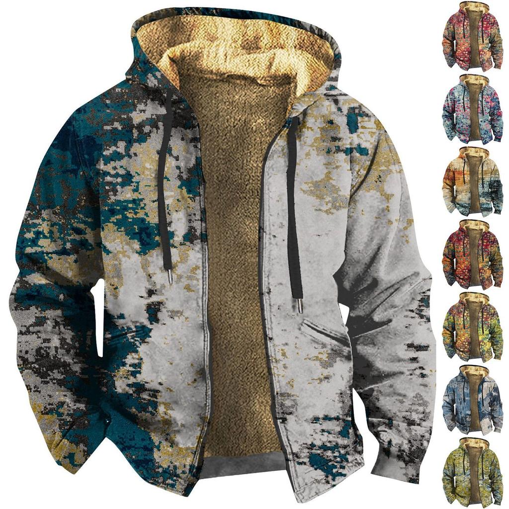 Men's Retro Print Jacket Men's Spring And  Casual Trend Zipper Hooded Jacket