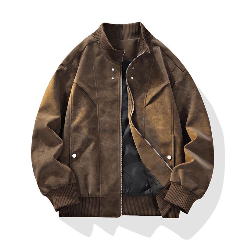 Spring and Autumn New Men's Leather Jacket Large Size Jacket Men's Lapel Leather Jacket Men's Corduroy Loose Trend Brand Hong Kong Style Fat Man