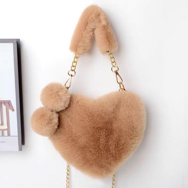 Peach Heart Fluffy Crossbody Bag - Faux Rabbit Fur, Plush Chain Design