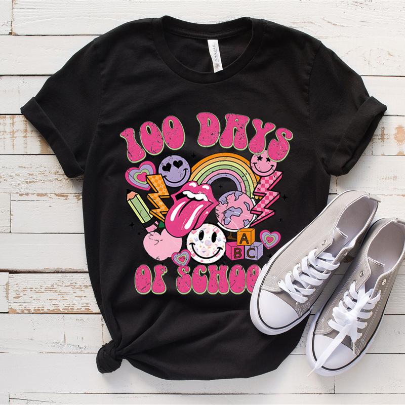 Women's Top 100 Days of School Printed High Street Trendy Fashion Casual Cotton T-Shirts Women’s