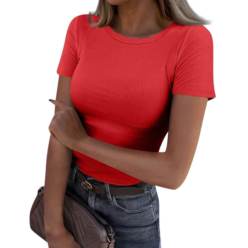 Ladies Slim Bottom T-shirt Fashion Casual Solid Colour Round Neck Pullover Short Sleeve Top