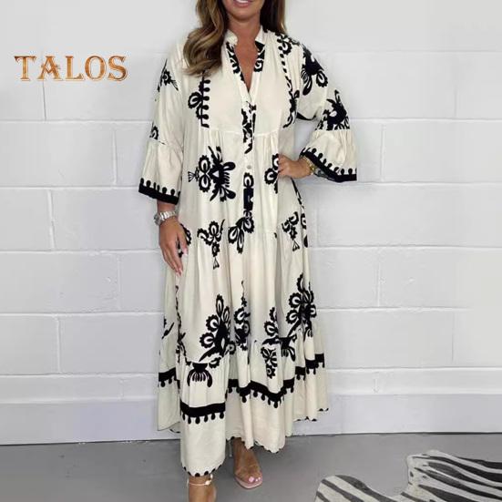 Fall Spring Dress Stand Collar Long Sleeves Color Matching Print Pleated Patchwork A-line Loose Hem Ankle Length Dating Daily Wear Maxi Dress