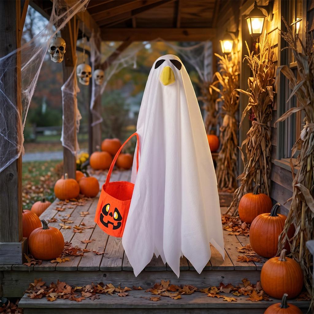 23 Inch Halloween Ghost Decoration with Bow Tie and Pumpkin Bucket Indoor Outdoor Hanging Prop for Porch Yard Party