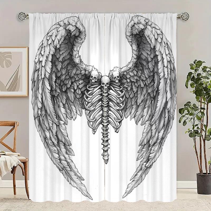 Wings Black and White Sketch -2pcs- Printed Curtain,100% Polyester Material, Suitable for Home Decoration