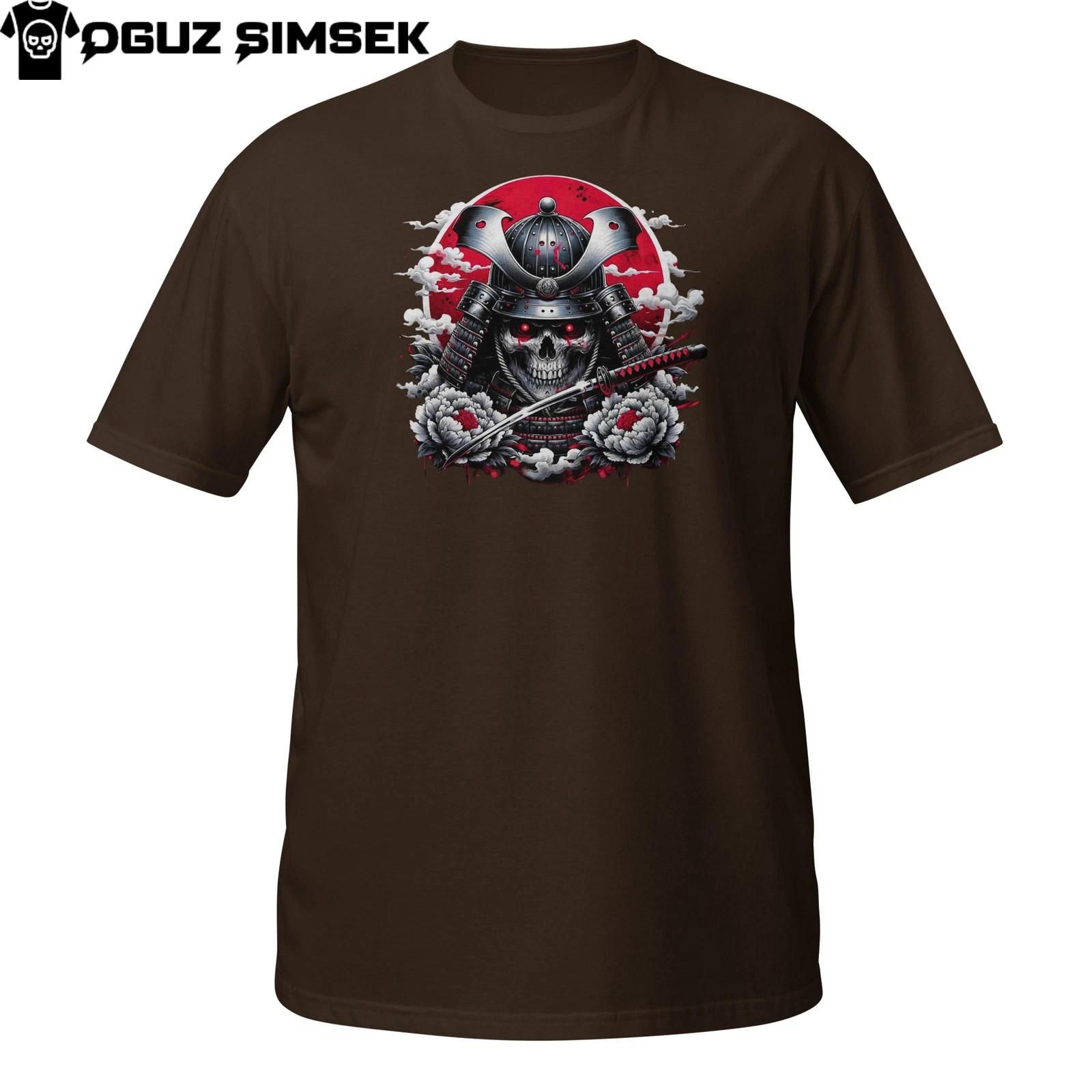 Red Samurai Skull T-Shirt Mens Womens Tees Top – Undead Warrior with Katana and Rising Sun Design S