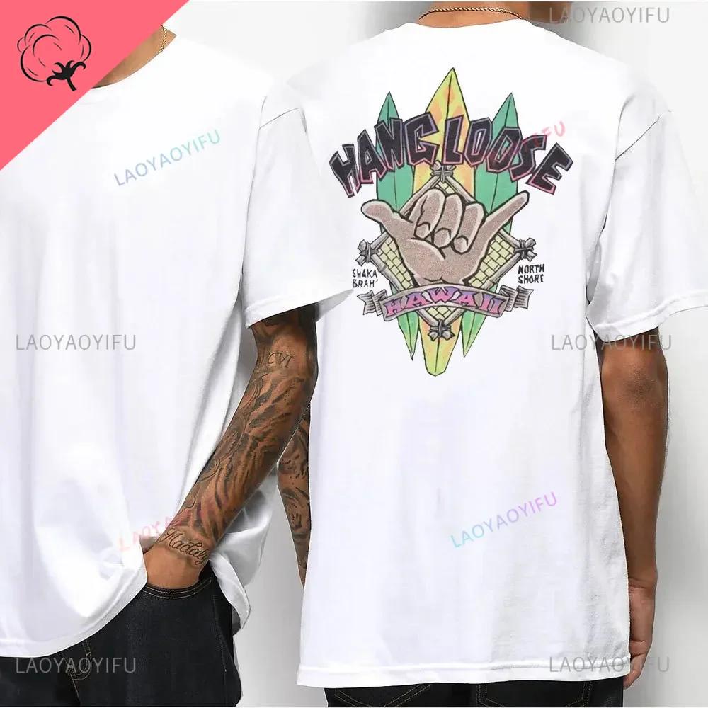 Hawaiian Style Mens Casual Tshirt Island Hanging Pine Shaka Surfboard Mens and Womens White Cotton Tee Retro Beach Surf Tops
