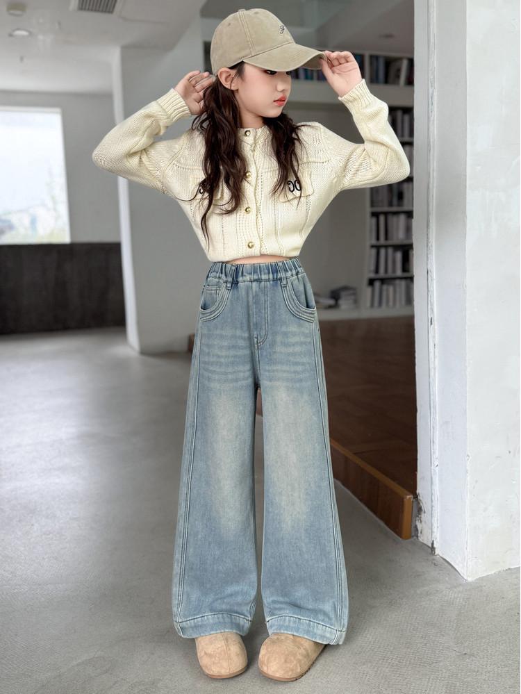 Jeans Larghi alla Moda per Ragazze, Coreani Primavera/Autunno 2026, Pantaloni Casual a Gamba Dritta per Bambini di Taglia Media e Grande