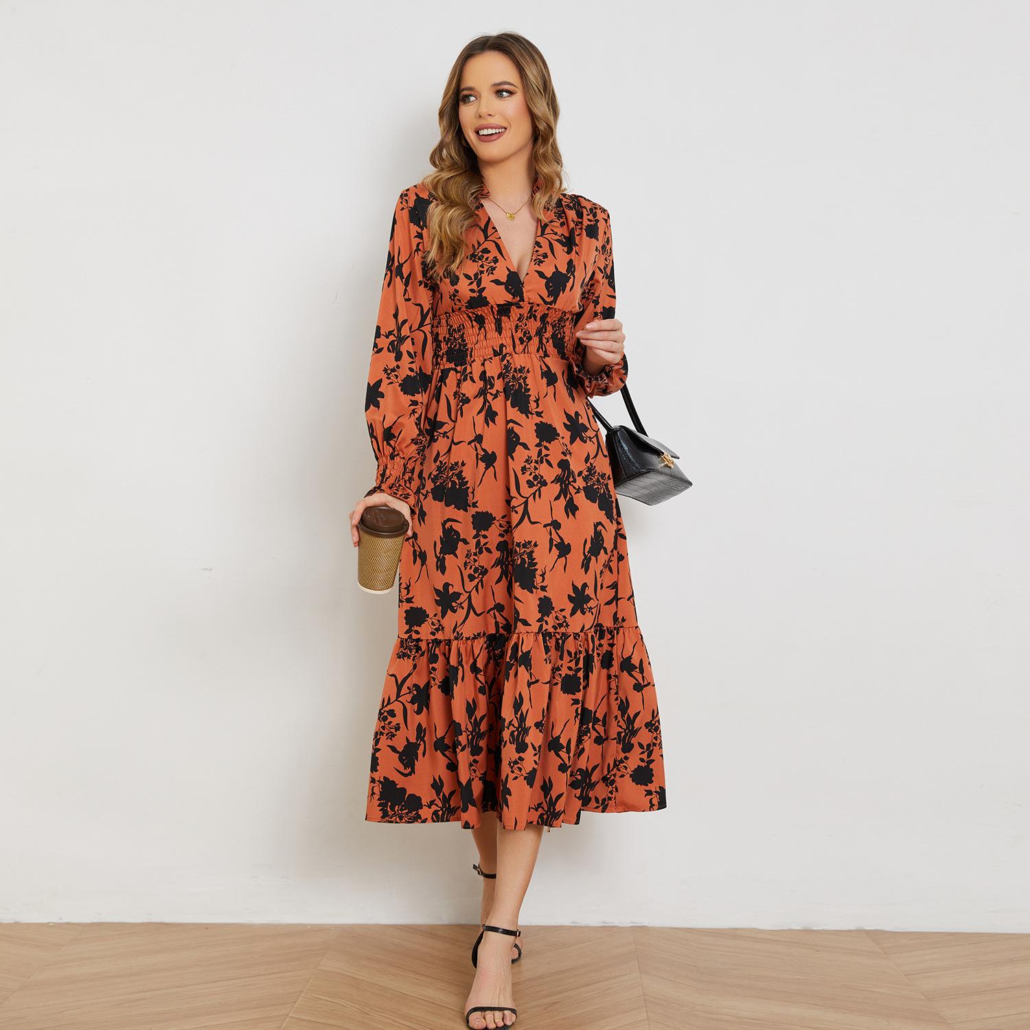 

Темперамент Длинная юбка Цветочное платье с V-образным вырезом и высокой талией