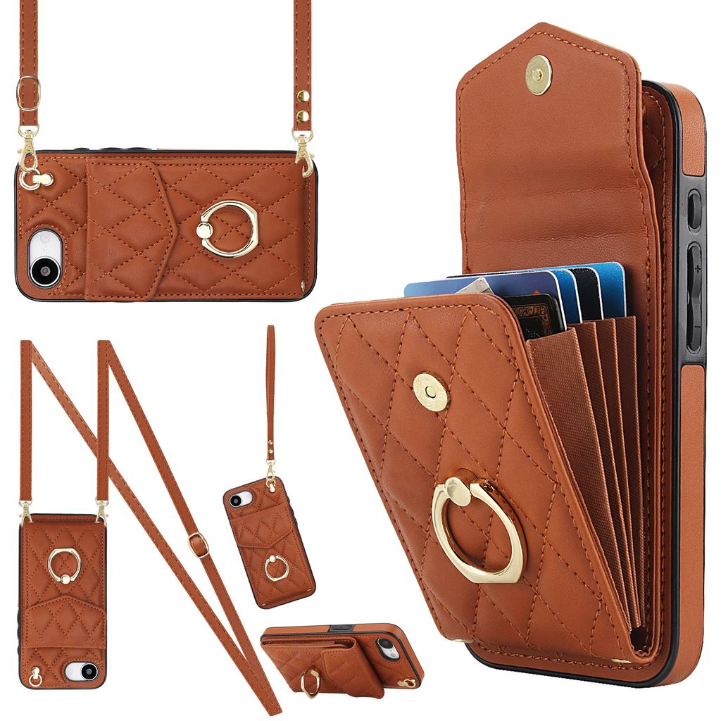 For iPhone 16e Case RFID Blocking Card Bag Leather+TPU Crossbody Phone Cover with Ring Kickstand