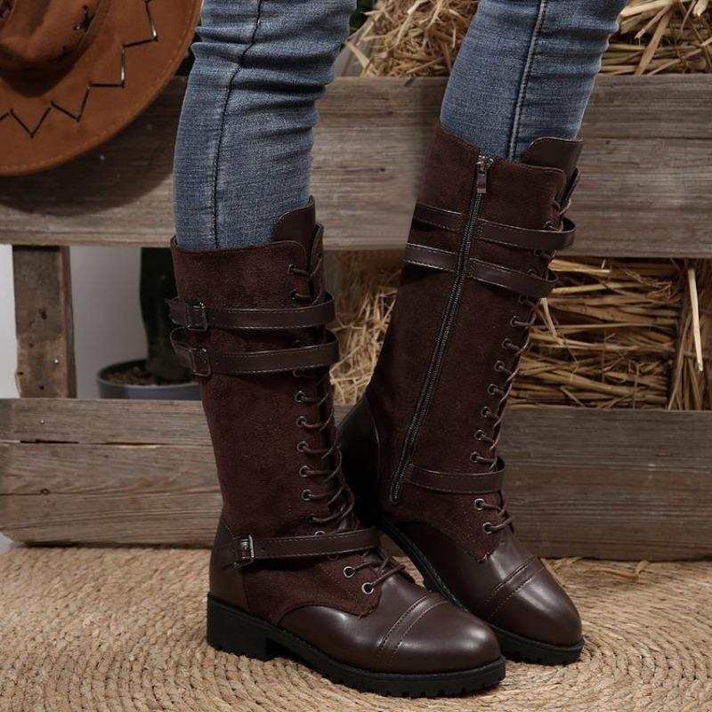 Damskie Skórzane Buty Jeździeckie z Okrągłym Noskiem i Łatami, Wysokie Buty na Kwadratowym Obcasie z Paskiem na Klamrę, Duże Rozmiary Buty Jesienno-Zimowe