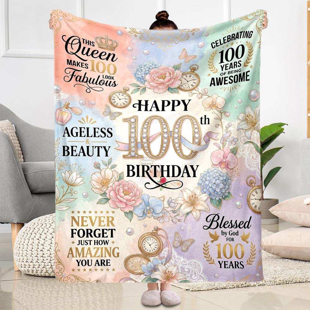 Happy 100th Birthday Quotes Blanket Durable Comfort Great for Livingroom Seaside Sofa Four Seasons Universal Warmthful Decor